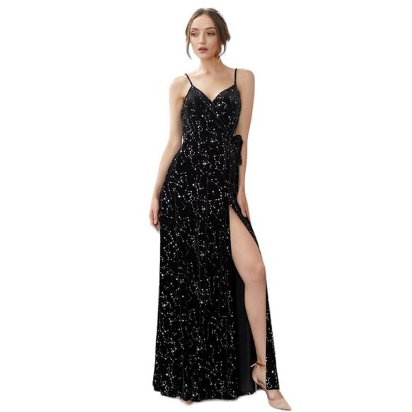 Zapaka Black Star Print Wrap Maxi Dress Sparkly Celestial Size 6 - Picture 2 of 16